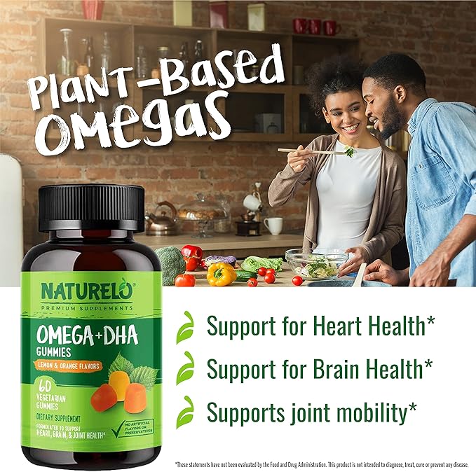 NATURELO Vegetarian DHA and Omega 3 Supplement from Algae and Chia Seed Oil for Heart, Brain and Joint Health - No Fish, Gelatin, or Artificial Sweeteners - 60 Gummies