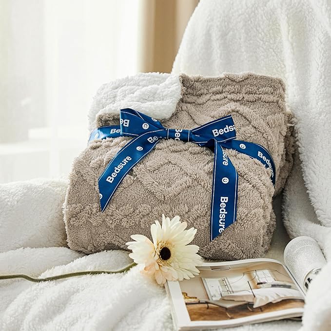 Bedsure Sherpa Fleece Blanket Twin Size for Bed - GentleSoft Fluffy & Cozy Cable Jacquard Tufted for Women Gift, Thick and Warm Blankets for Winter, Beige, 60x80 Inches