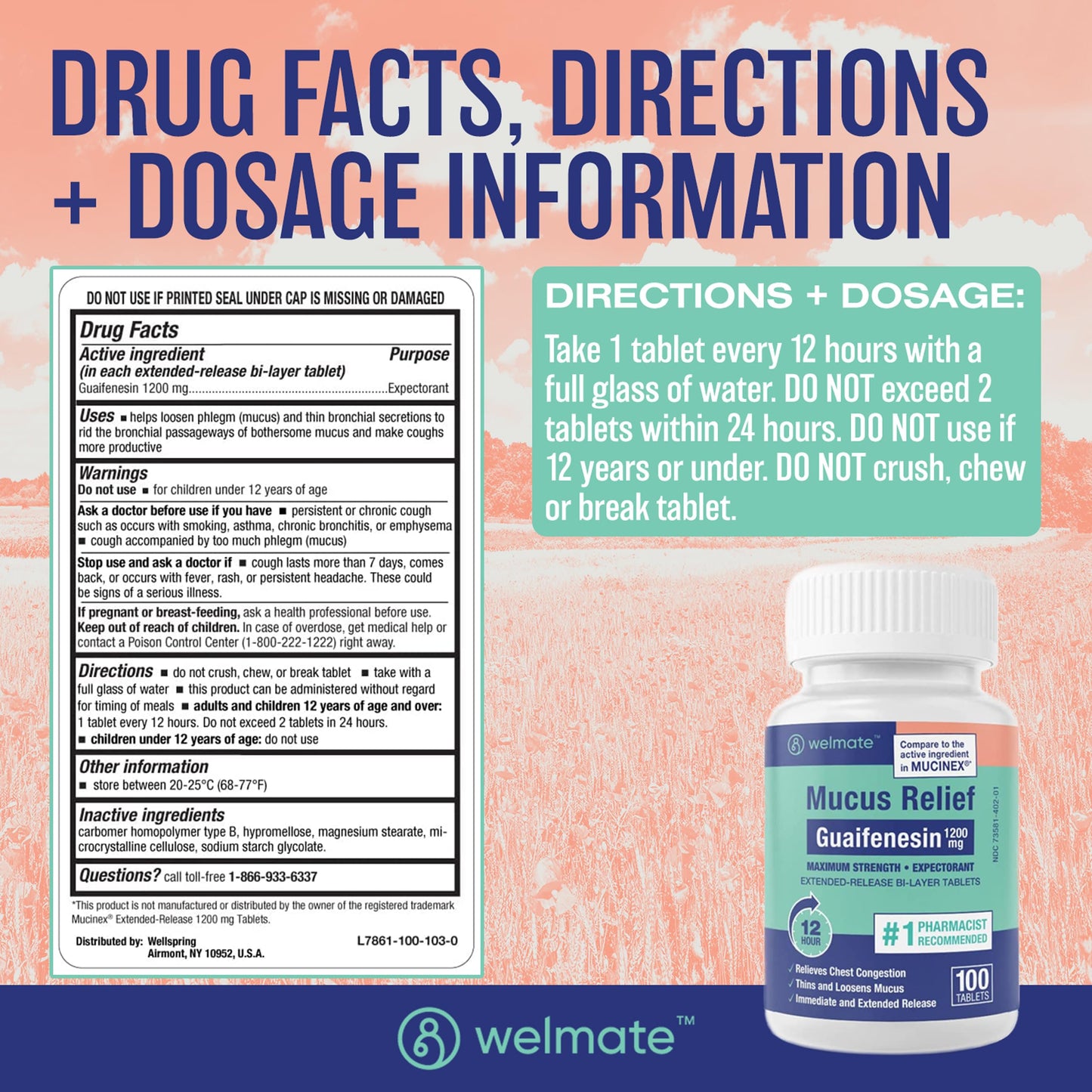 WELMATE - Mucus Relief - Guaifenesin 1200 mg Maximum Strength - Extended-Release Expectorant Tablets - Helps Clear Chest Congestion & Loosen Mucus - 12 Hour Relief - 100 Count