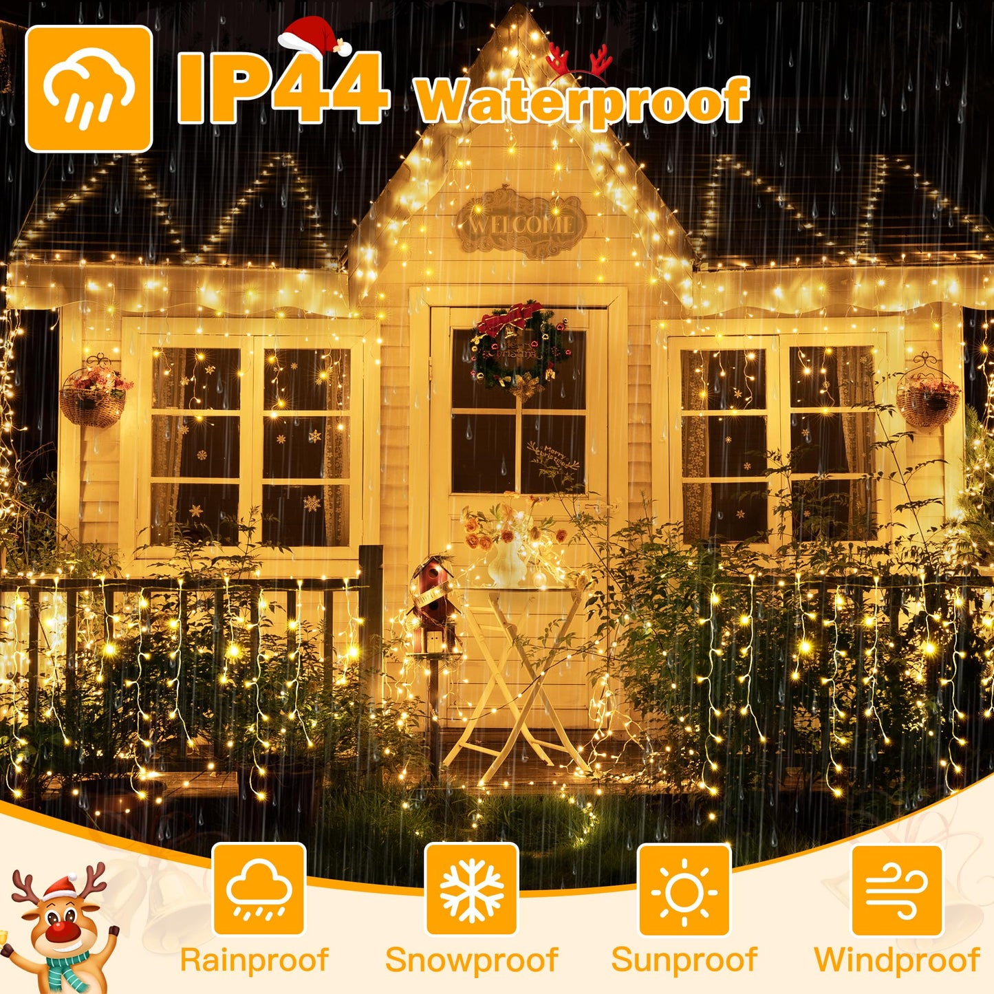 Ollny Icicle Lights Outdoor 594 Led Warm White, Waterproof, 49Ft With Remote, 8 Modes, Model Hg-29V594Bc
