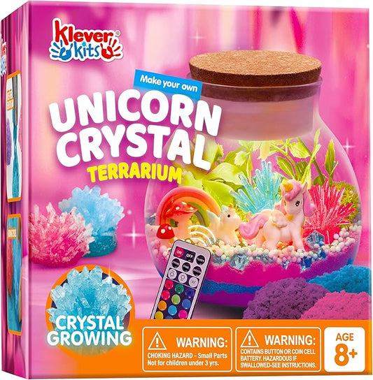 Klever Kits Make Your Own Unicorn Crystal Terrarium Crafts Kit for Kids-Crystal Growing Science 12 Color LED Night Light U...