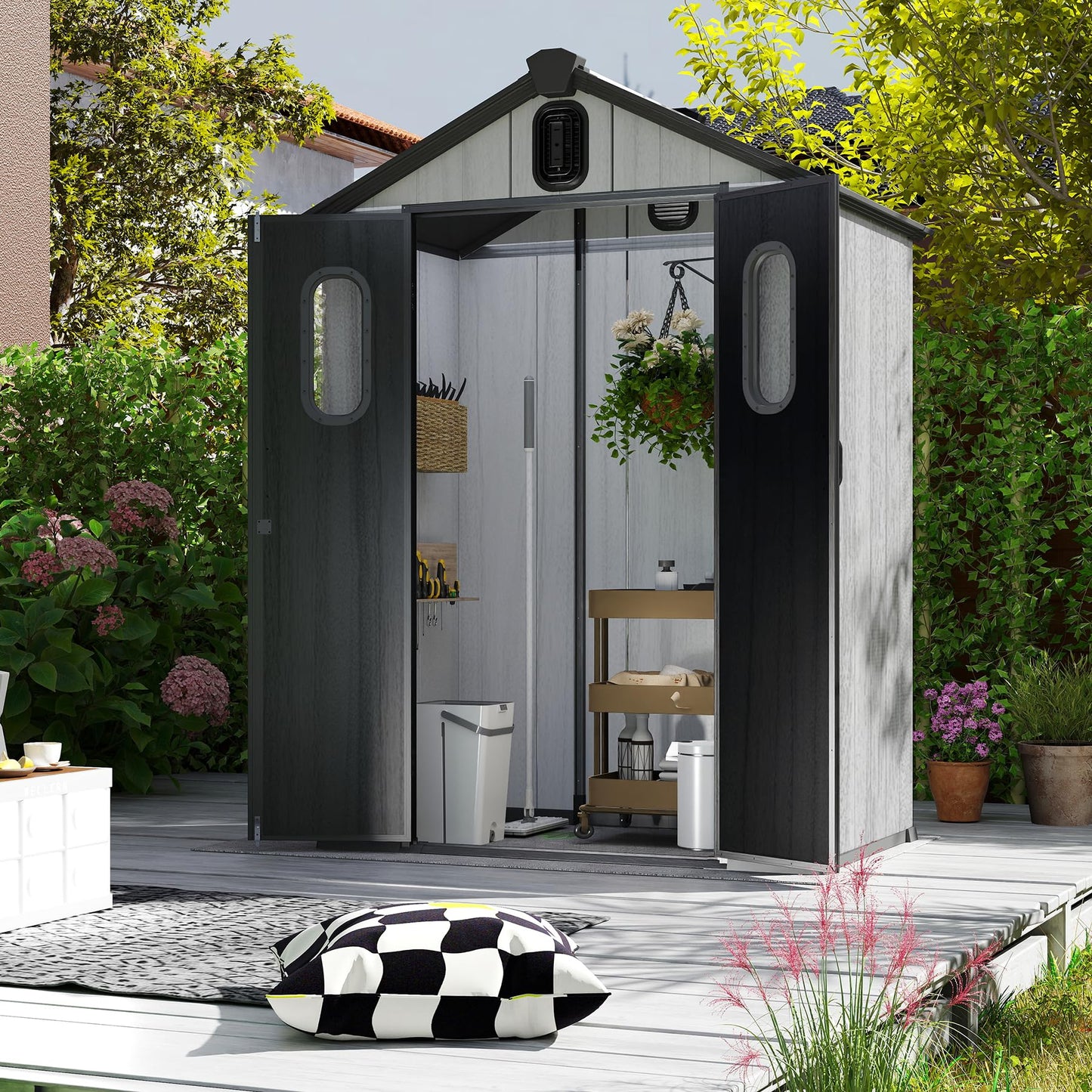 Domi 5x3Ft Resin Outdoor Storage Shed, Small Plastic Garden Shed with Carpet, Outside Weatherproof Storage Building for Tools, Bike, Lawn Mower, Patio, Backyard