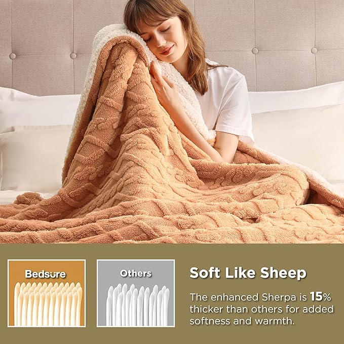 Bedsure Sherpa Fleece Blanket Twin Size for Bed - GentleSoft Fluffy & Cozy Cable Jacquard Tufted for Women Gift, Thick and Warm Blankets for Winter, Light Brown, 60x80 Inches