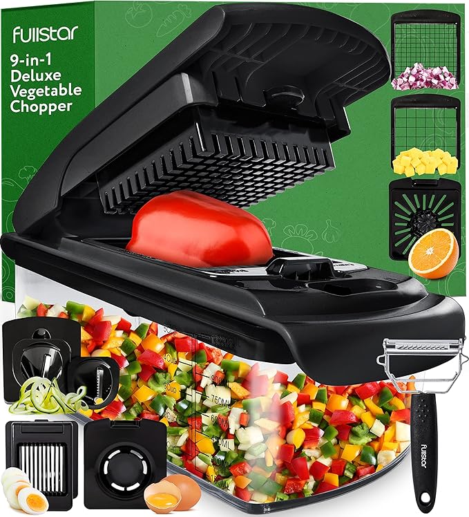 Fullstar Vegetable Chopper - Food Chopper - Onion Chopper - Vegetable Slicer & Spiralizer - Veggie Chopper with Container - Kitchen Gadgets - Home Essentials - Kitchen Accessories (9 in 1, Black)