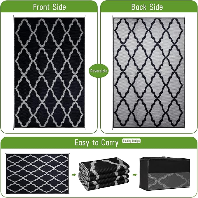Easy-Going Reversible Outdoor Rugs 5x8ft Waterproof Plastic Straw Rug Stain & UV Resistant Floor Mat for Patio Porch RV Backyard Pool Deck Picnic Beach Trailer Camping (Moroccan Black & Light Grey)