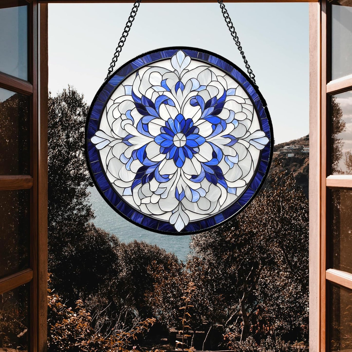 Stained Glass Window Hanging - Blue White Boho Flower Suncatcher for Door Garden Yard Sun Catchers Decor Christmas Mother's Day Birthday Gifts for Women Mom Nana Friend Teacher 6.3 in