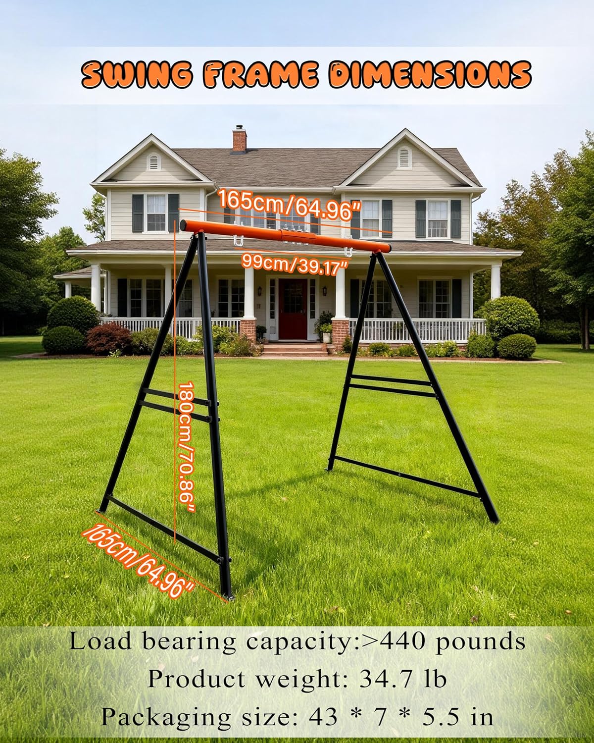 Porch Swing Stand Frame for Both Kids and Adults,440Lbs Heavy-Duty Metal A-Frame for Swing Sets for Backyard (Frame Only) (Orange)