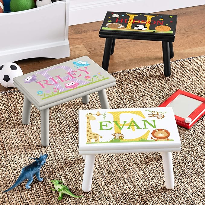 Let’s Make Memories Personalized My Own Name Step Stool - Children’s Step Stool - Sturdy Wood – Non-Toxic Paint, Sealer - Sports Design - Espresso - 14’Wx9.25”Lx8.75”H - Ages 3+