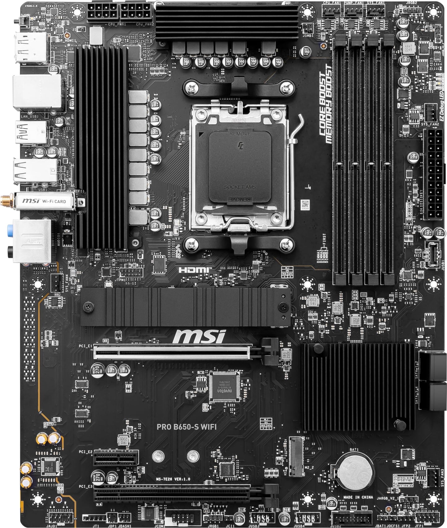 MSI PRO B650-S WiFi ProSeries Motherboard (AMD Ryzen 9000/8000/7000 Series Processors, AM5, DDR5, PCIe 4.0, M.2 Slots, SATA 6Gb/s, USB 3.2 Gen 2, HDMI/DP, Wi-Fi 6E, Bluetooth 5.3, 2.5Gbps LAN, ATX)