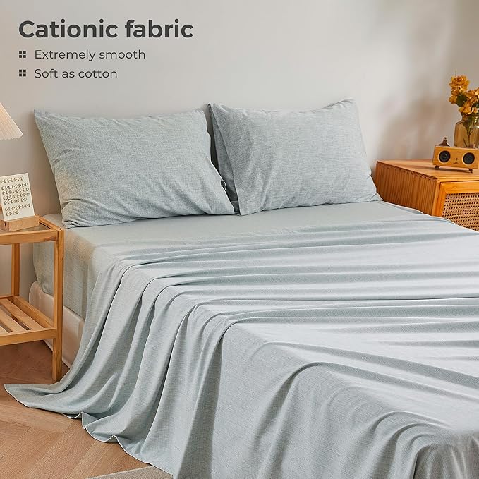 Queen Sheets Blue, Ultral Soft Cationic Linen Look Sheets, Luxury Cooling Cozy Bed Sheet Set with Non-Slip Fitted Sheet