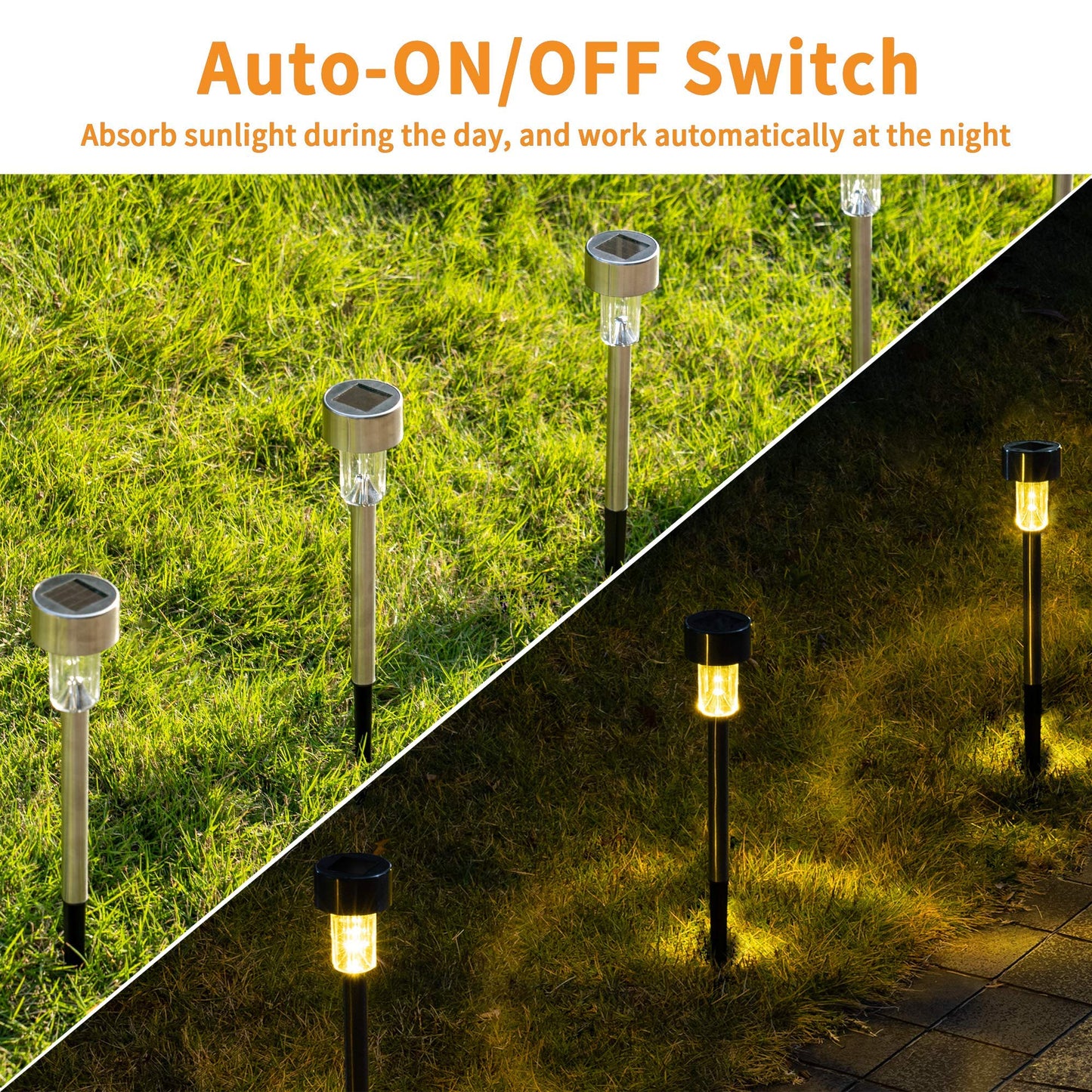 GIGALUMI Solar Pathway Lights 12 Pack, Stainless Steel, IP44 Waterproof, Warm White, Model 8374-12N