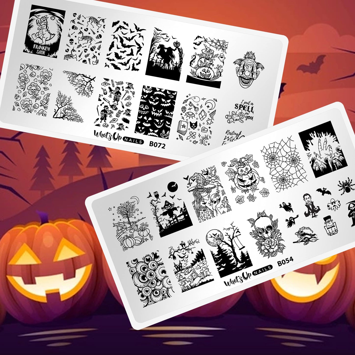 Whats Up Nails - Halloween Stamping Plates 2 pack (B054, B072) for Nail Art Design