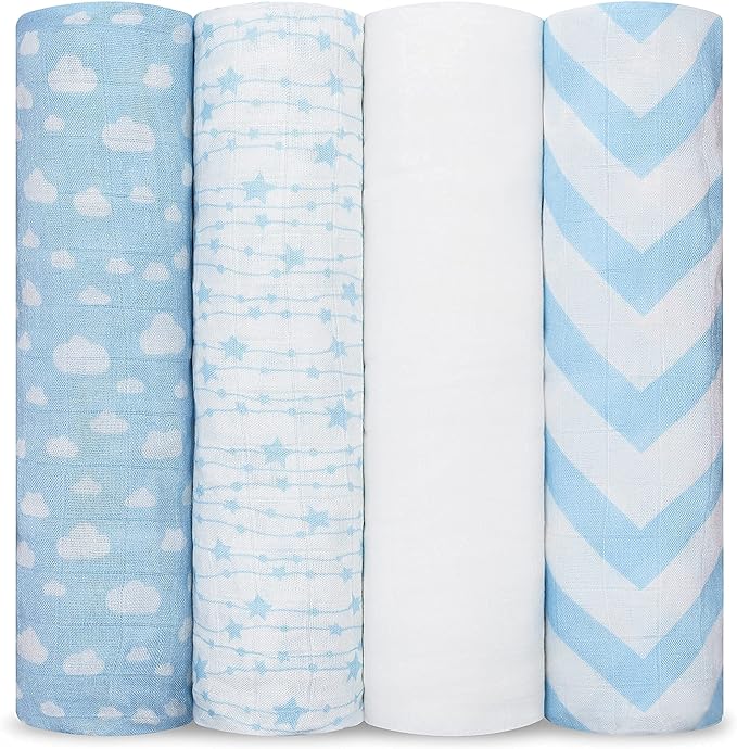 Comfy Cubs Muslin Swaddle Blankets Pack of 4, 47 x 47 Inches, Soft Cotton Baby Blanket Set, Large Multipurpose Swaddling Wraps for Newborns - Self-Soothing Swaddle - Blue