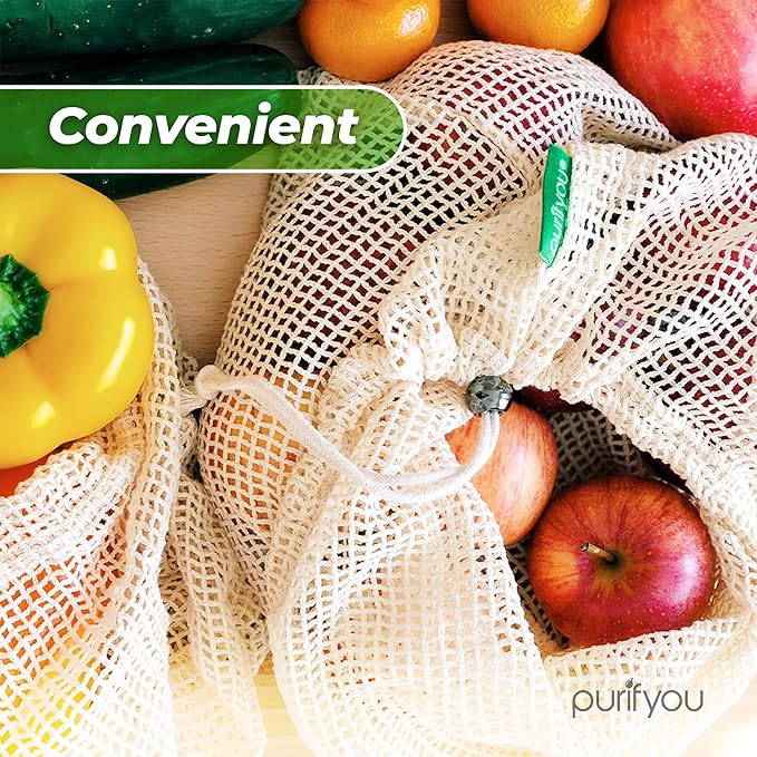 purifyou Premium Organic Cotton & Heavy Duty Mesh Produce Bags - Set of 9| Reusable, Double-Stitched, Drawstring Bags for Fruits, Vegetables, Snacks, and Grocery Storage | Raw & Unbleached, Washable.