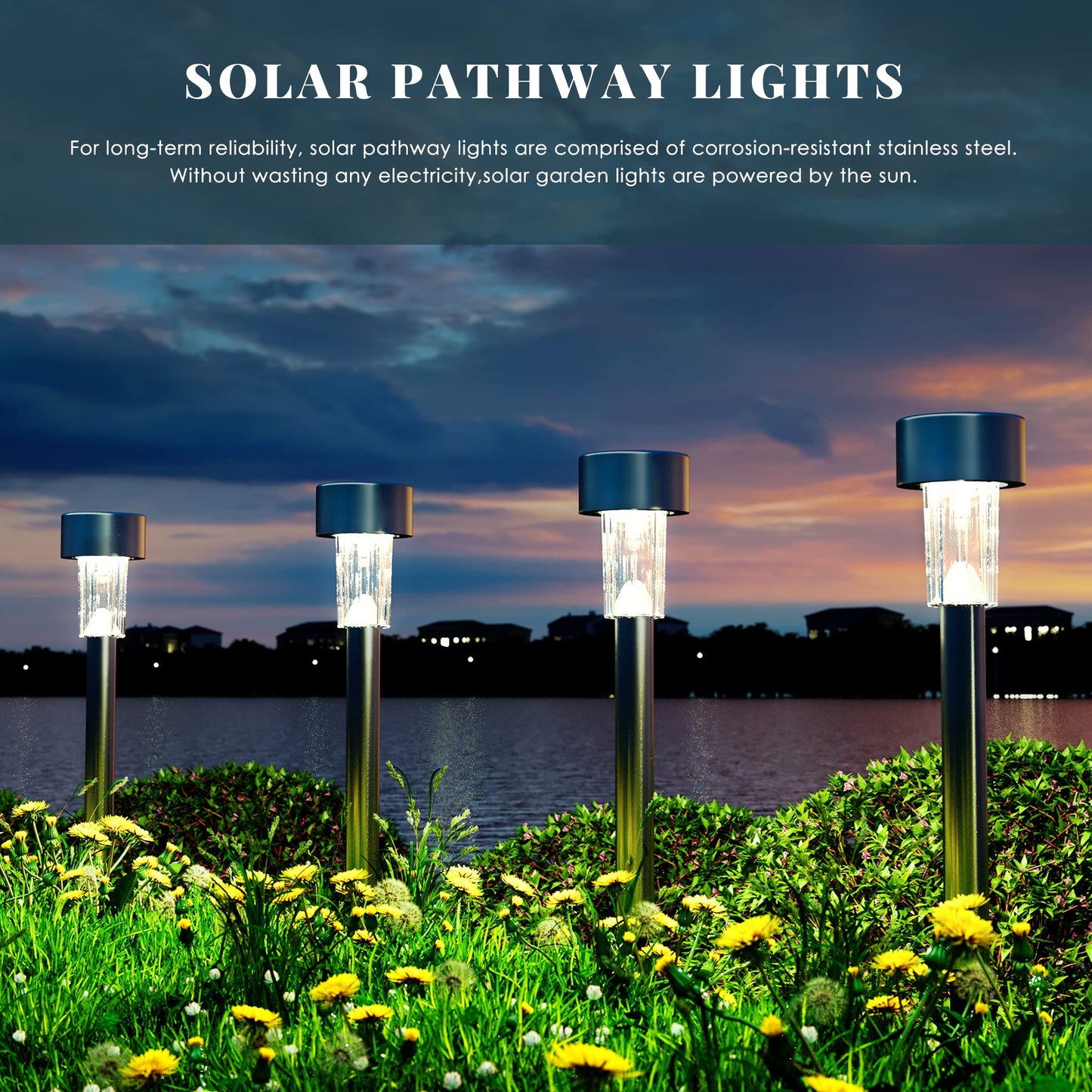 SOLPEX Solar Outdoor Lights 12 Pack, Stainless Steel, Waterproof LED Pathway Lighting, Cold White, Model 6982