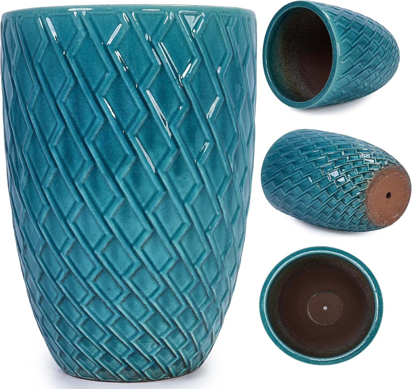 Large Ceramic Planter Pot 21 Inch, Tall Plante Pots Decorative Flower Pot with Diamond Textured Pattern and Drainage for Indoor Outdoor Plants (Teal Blue)