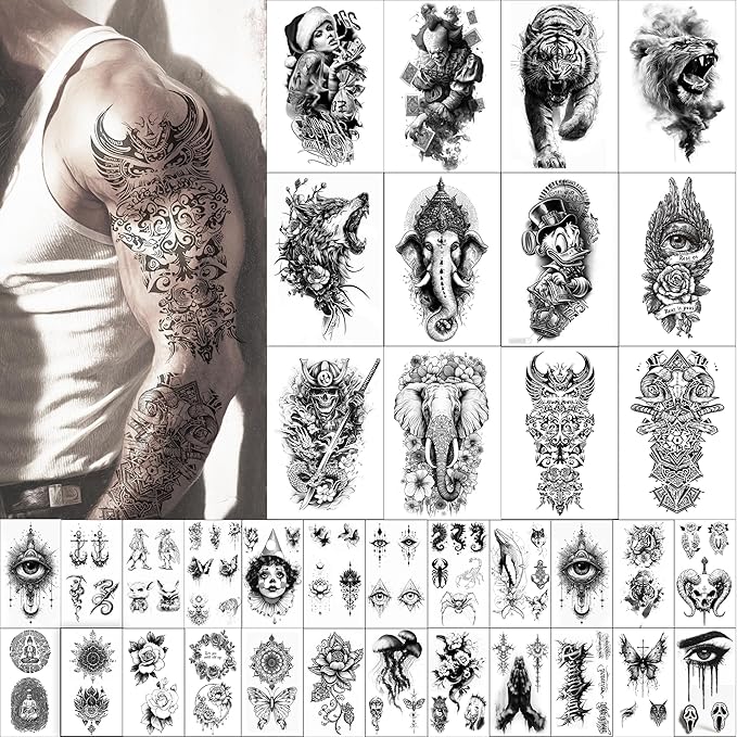 DONGZISHANGDIAN Temporary Tattoos | This set of 76 haunting tattoo stickers is perfect for Halloween, featuring dark elements and totems. For various parties and cosplay. Unisex, bold, trendsetting.