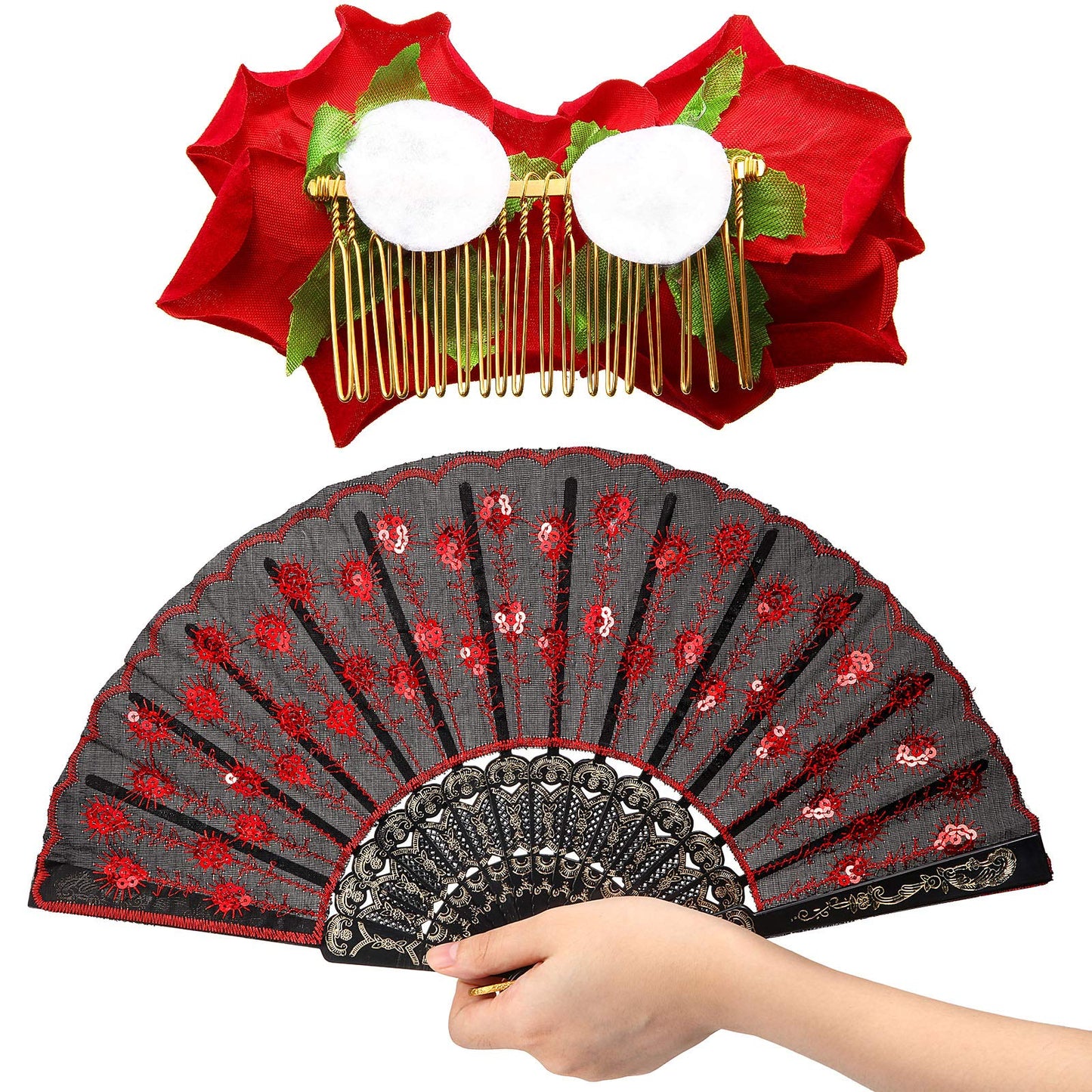 2 Pieces Women Rose Flower Hair Clip and Embroidered Sequins Fabric Handheld Folding Fan Mexican Hair Accessories for Flamenco D
