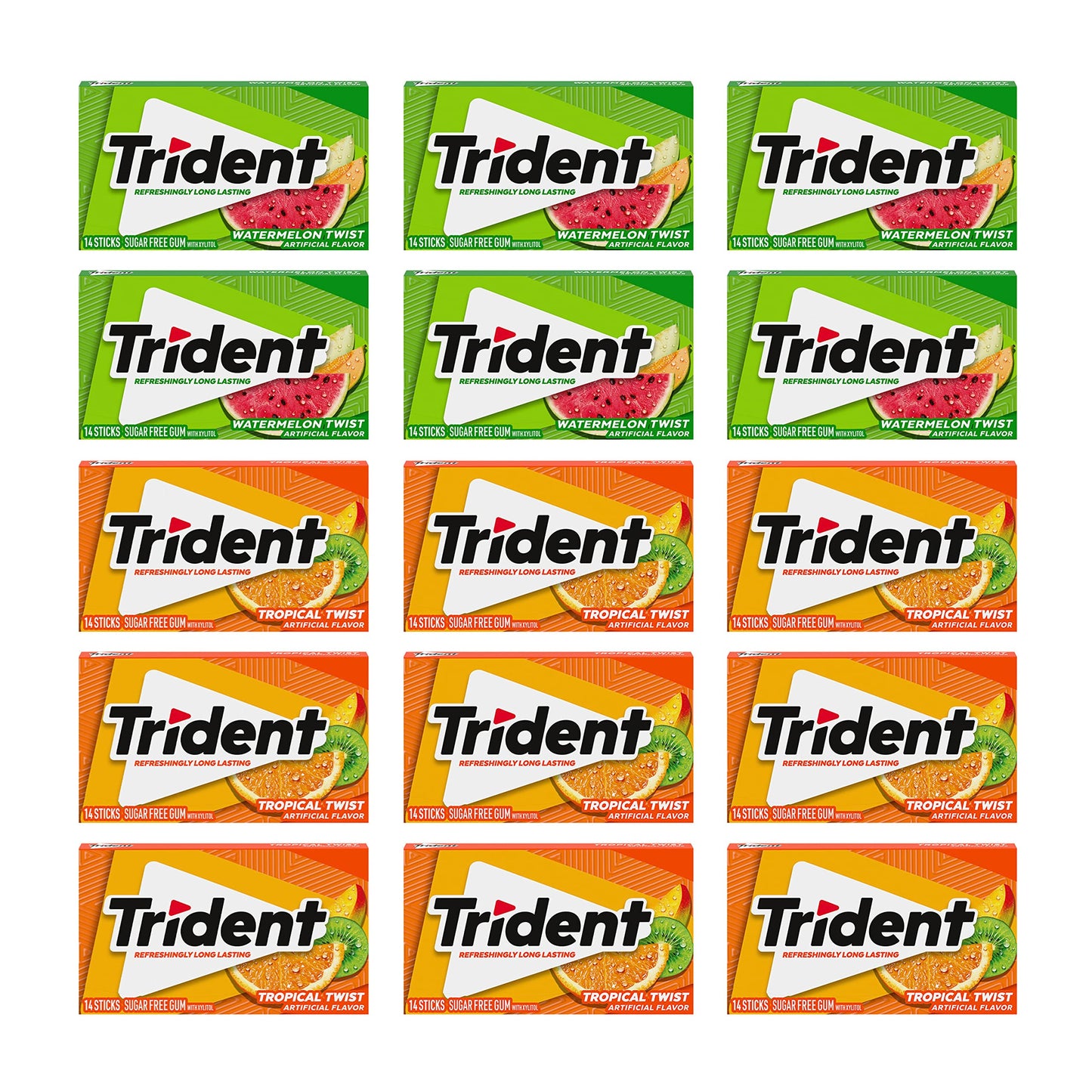Trident Sugar-Free Chewing Gum Variety Pack Candy, Watermelon Twist & Tropical Twist Flavor, Bulk, 15 Packs of 14 Pieces (210 To