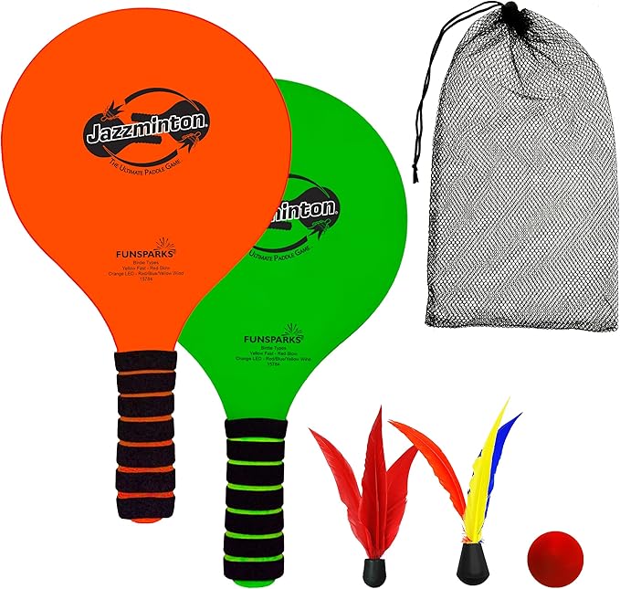 Jazzminton Paddle Ball Game Beach for Family and Friends - 2 Paddles, 2 Birdies, 1 Ball and Carry Bag – Wind Birdie Includ...