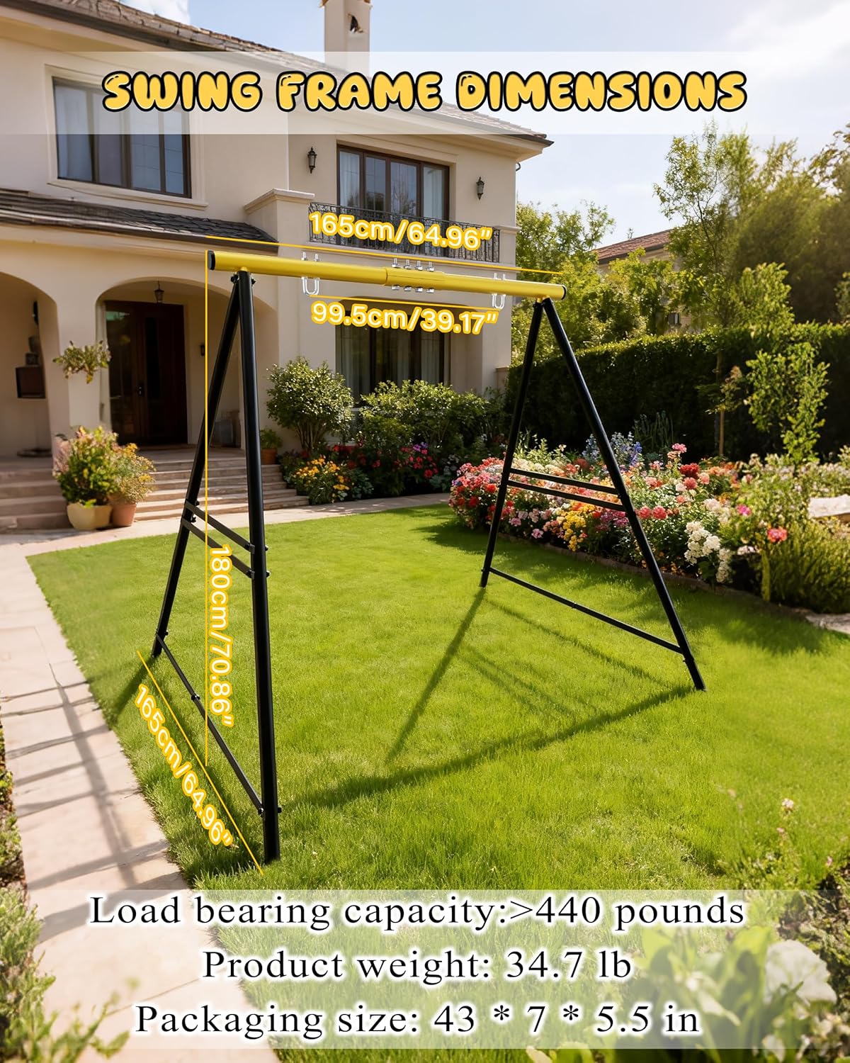 Porch Swing Stand Frame for Both Kids and Adults,440Lbs Heavy-Duty Metal A-Frame for Swing Sets for Backyard (Frame Only) (Yellow)