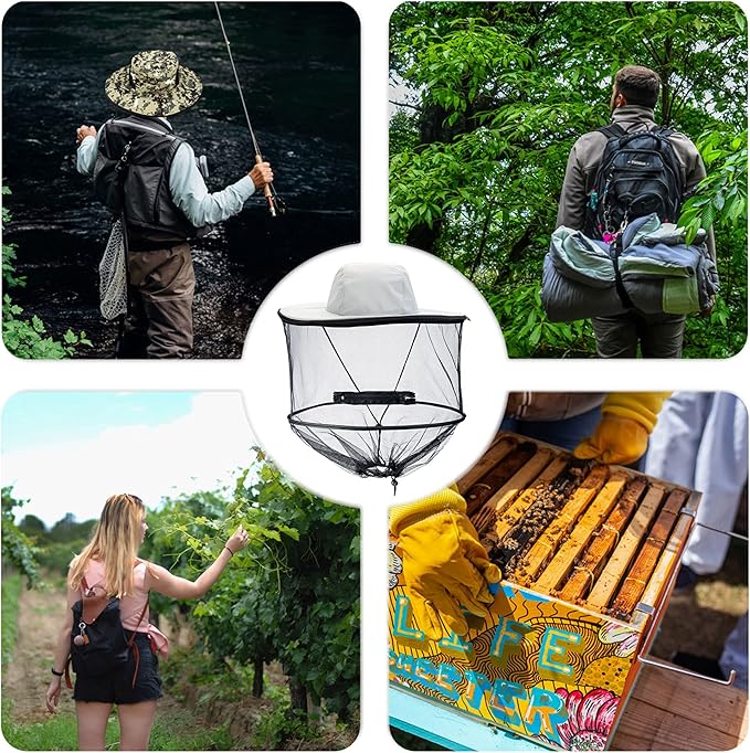 Mosquito Head Net Hat with Removable Mesh Hidden Netting, Camouflage Design with Zipper Net for Outdoor Fishing Gardening Hiking Face Cover (Grey)