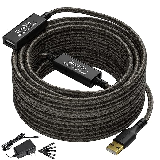 Active USB Extension Cable 100 Feet, USB 2.0 A Male to Female Repeater Cord, with 2 Extension Chipsets Signal Booster, 22A...