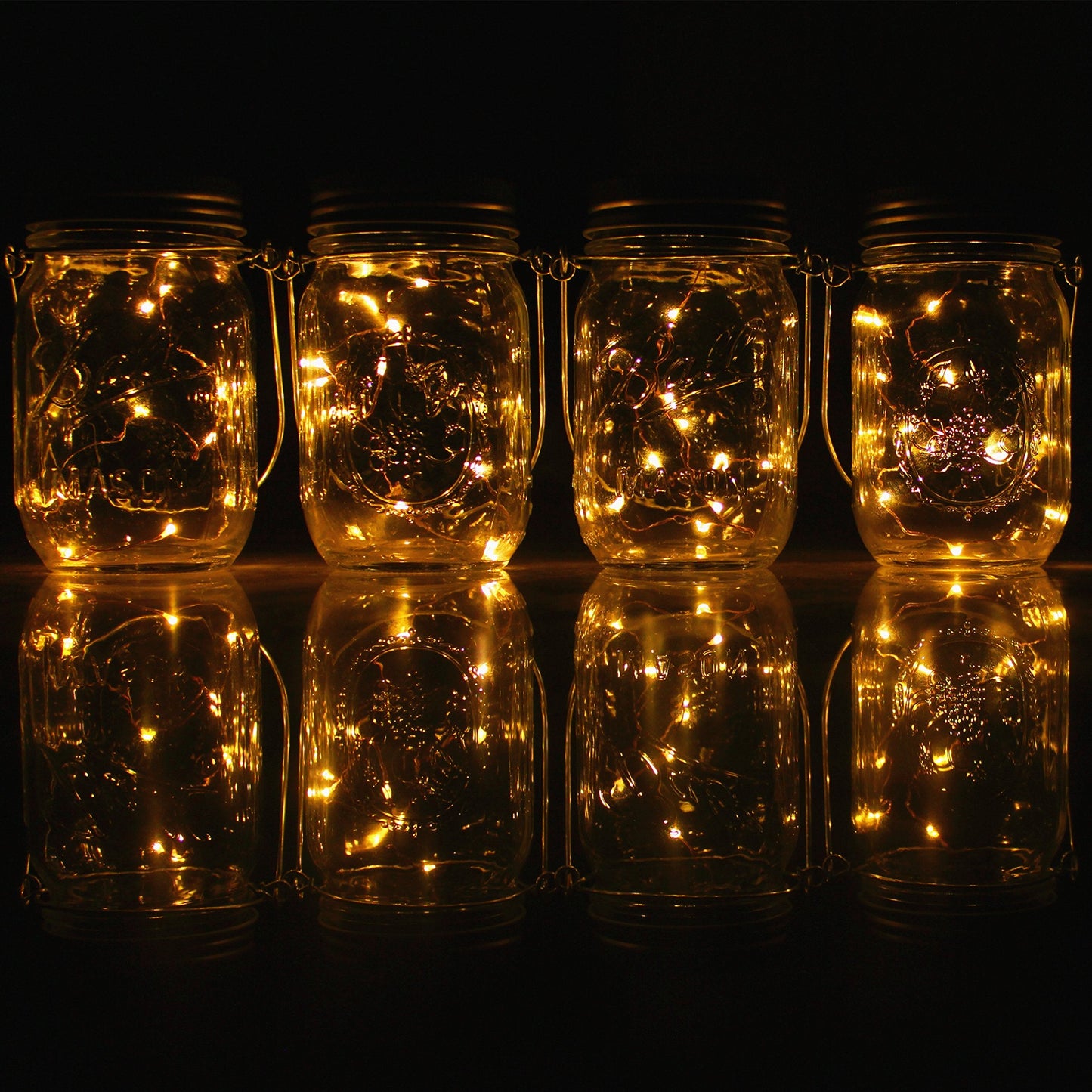 CHBJDAN Solar-Powered Mason Jar Lights, 4 Pack with Handles, Warm White, Model 43349-4067, Outdoor Hanging Lanterns