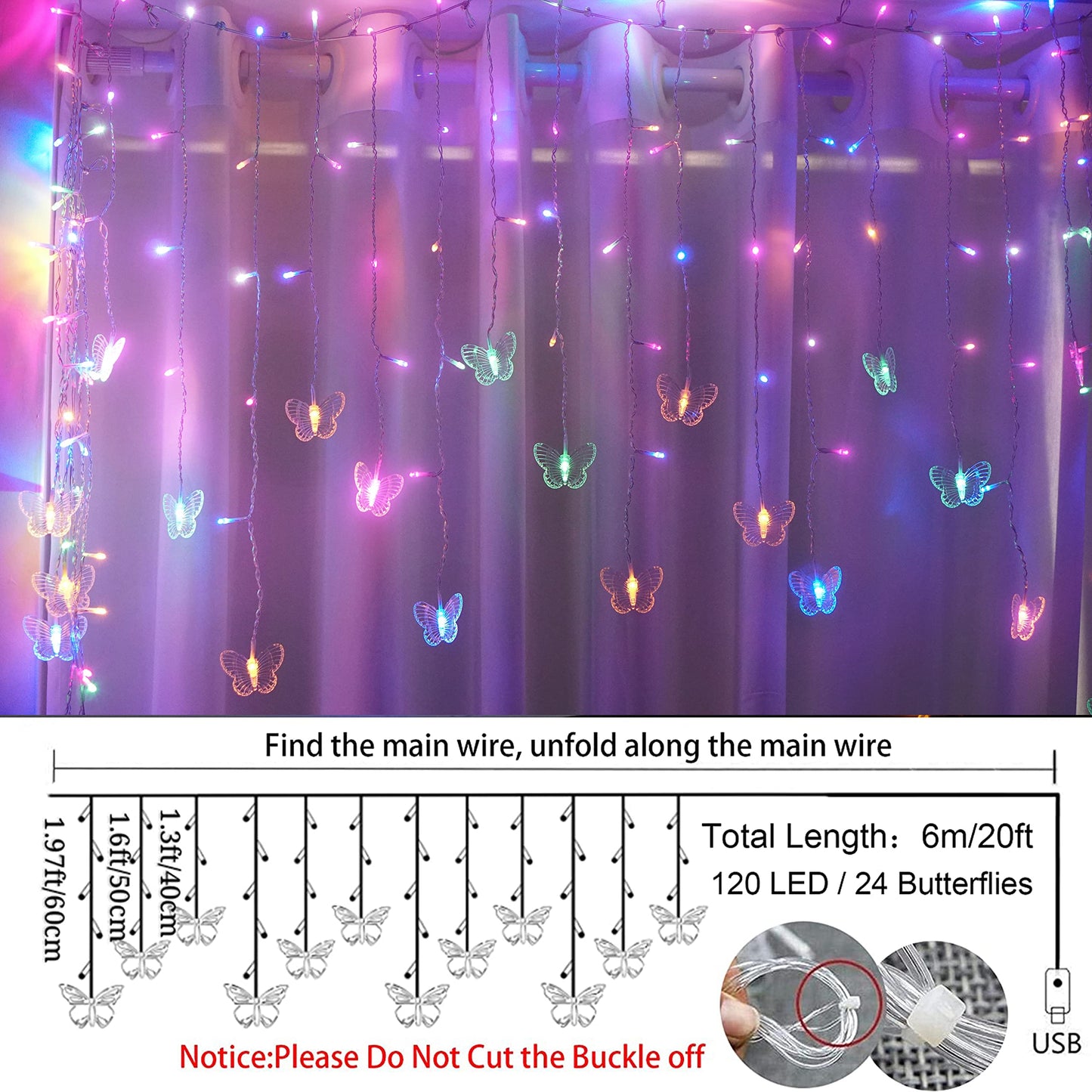 StarryMine Curtain Butterfly String Light 20Ft 120LED USB Fairy Lights Remote Control Pastel for Room Bedroom Party Wedding Holiday Decoration