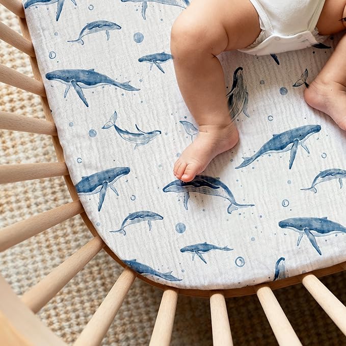 Muslin Bassinet Fitted Sheets, 2 Pack for Baby Boy and Girl, Soft Breathable Baby Pad/Mattress Sheet, Fit for Hourglass Oval and Rectangle Bassinet Mattress (Blue Whale, Bassinet Sheets 2 Pack)