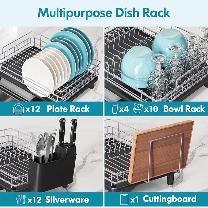 BOOSINY Stainless Steel Dish Drainers Drying Rack for Kitchen Counter with Automatic Drainage, 1 Tier Rust Proof Metal, Space Saving, Modern Aesthetic, Compact Plates Strainers,Gray