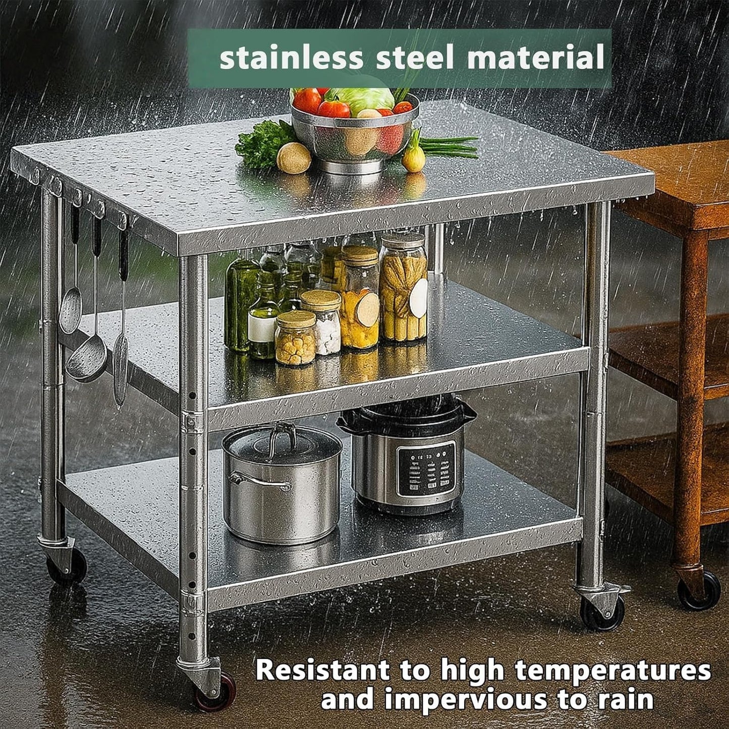 Stainless Steel Table with Wheels for Food Preparation and Work, Multi-Size Optional, Three-Layer Variable Two-Layer Metal Commercial Workbench Outdoor, Restaurant, Kitchen (51" Lx24 Wx34 H)