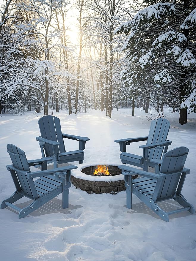 KINGYES Folding Adirondack Chair Set of 8, Dual Cup Holders & All-Weather HDPE, Wood-Like Patio Chair for Backyard, Camping, Pool & Fire Pit, Navy