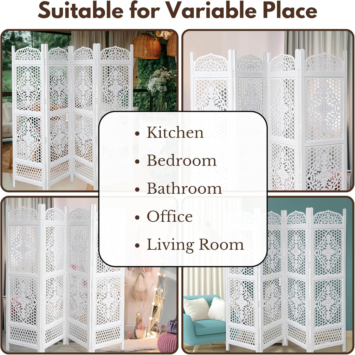 Room Divider Wood Screen Panel – Antique White, 4-Panel Folding 80"x72", Hand-Carved, Reversible Privacy Partition, Decorative & Functional Portable Room Divider for Home or Office
