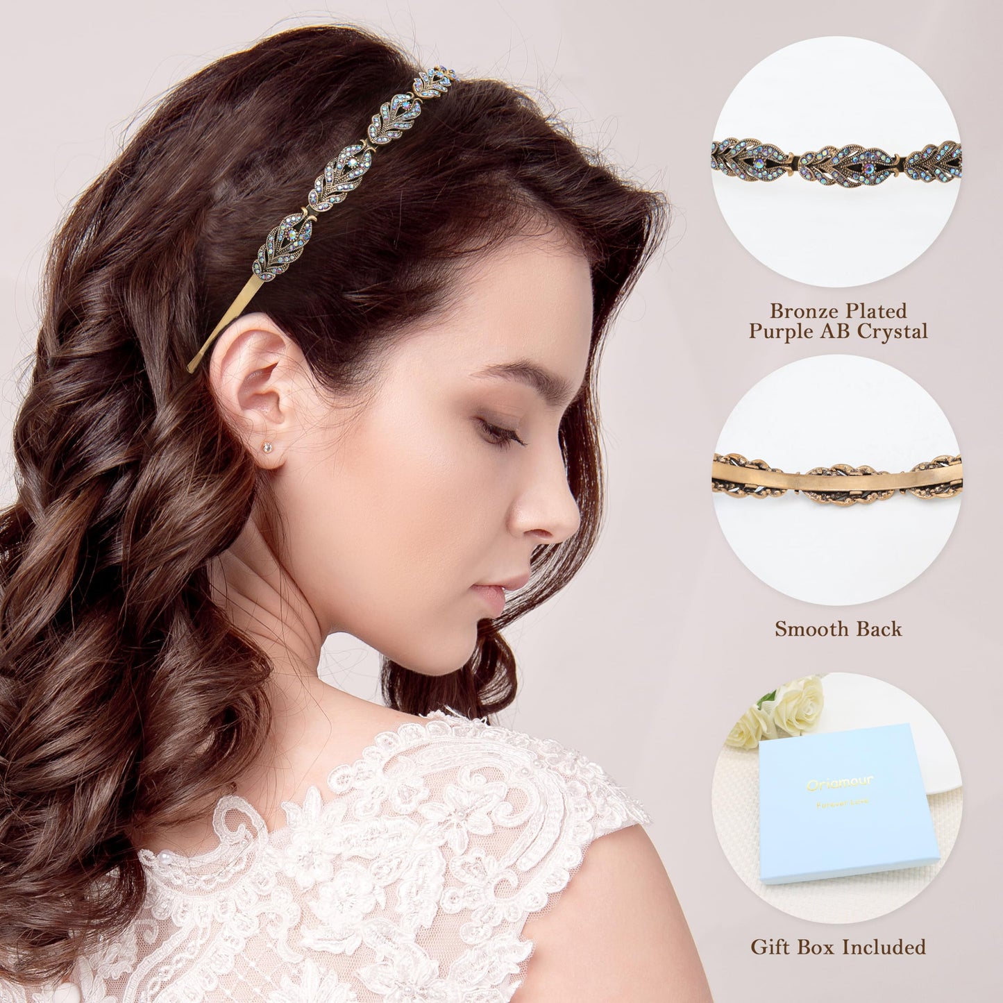 Oriamour Flower Design Rhinestone Crystal Wedding Headband Bridal Headpieces Simple Design Bridal Headband (Bronze Purple AB)