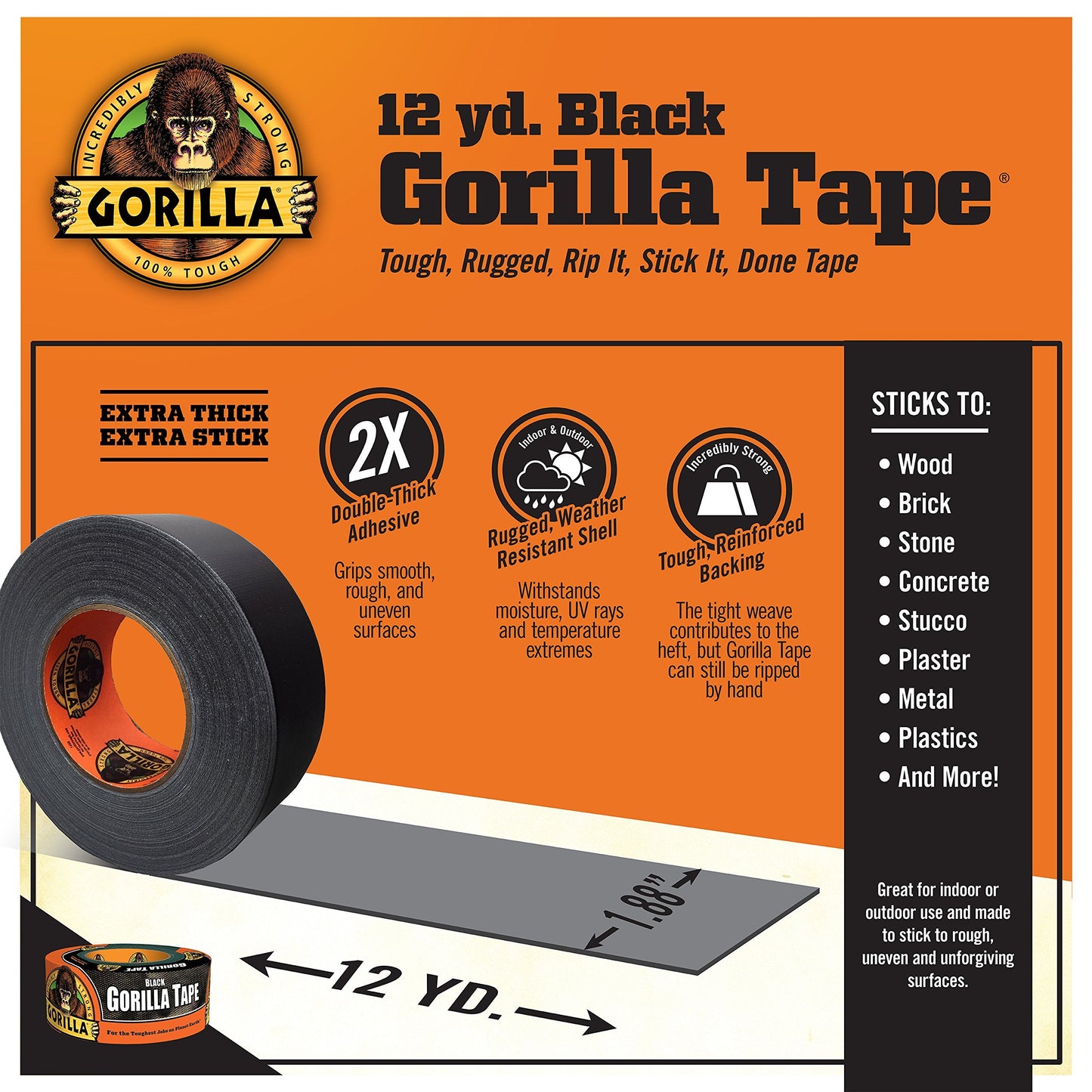 Gorilla Black Duct Tape, 1.88" x 12 yd, Black, (Pack of 6)