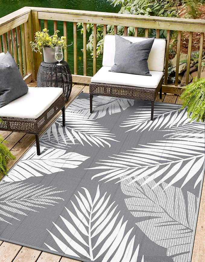 Outdoor Rug 6' x 9' for Patio Waterproof Clearance, Reversible Indoor Outdoor Plastic Straw Camping Rug Carpet, RV Mat, Large Area Rug for Deck, Backyard, Balcony, Porch, Beach, Grey and White