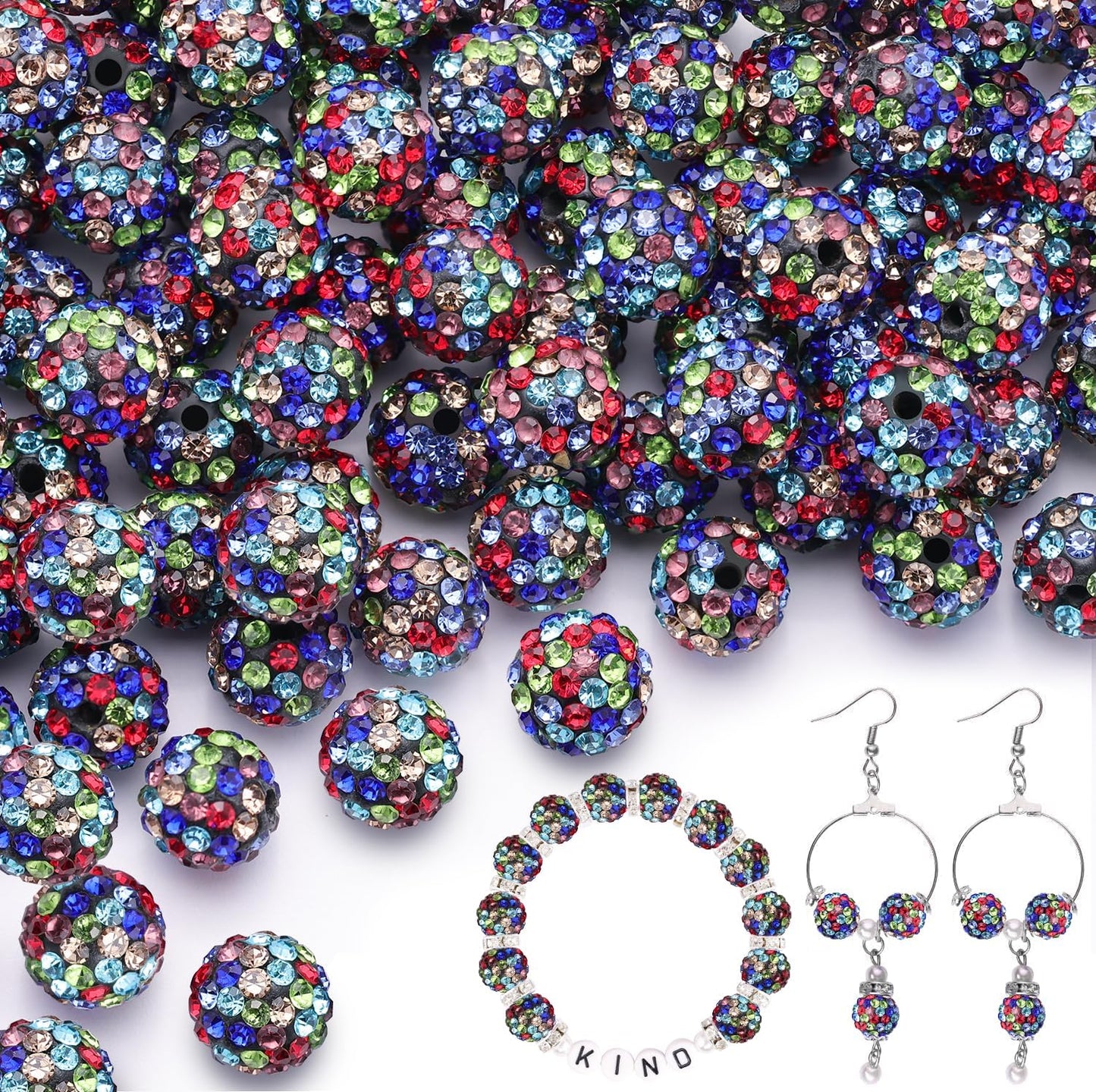 100pcs 10mm Rhinestone Beads for Jewelry Making, Black Mixed Shiny Round Shamballa Disco Beads Bulk, Sparkle Crystal Clay Christmas for Bracelet Baseball Necklace Earring Crafting and DIY