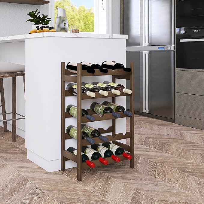 SMIBUY Bamboo Wine Rack, 20 Bottles Display Holder, 5-Tier Free Standing Storage Shelves for Kitchen, Pantry, Cellar, Bar (Walnut)