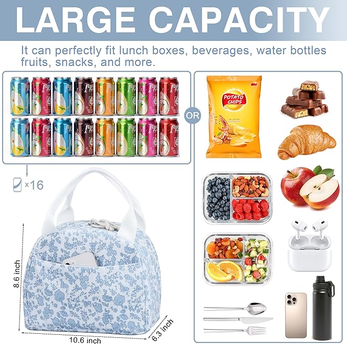 Lunch Bag - Insulated Lunch Box for Women, Reusable Large Capacity Cooler Bag for Adult, Small Leakproof Cute Corduroy Lunch Tote for Work Office Travel Picnic (Corduroy Blue-Flower)