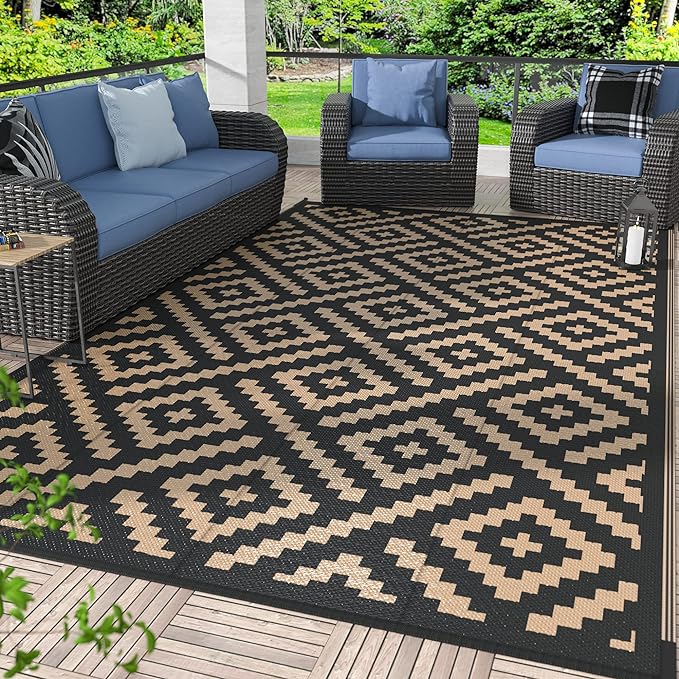 GENIMO Outdoor Rug for Patio Clearance,6'x9' Waterproof Mat,Reversible Plastic Camping Rugs,Rv,Deck,Porch,Camper,Balcony,Backyard (Black & Brown)