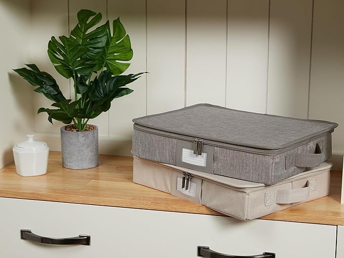 Covermates Keepsakes Flatware Storage Box - Stackable - Reinforced Handles - China Storage, Grey Heather