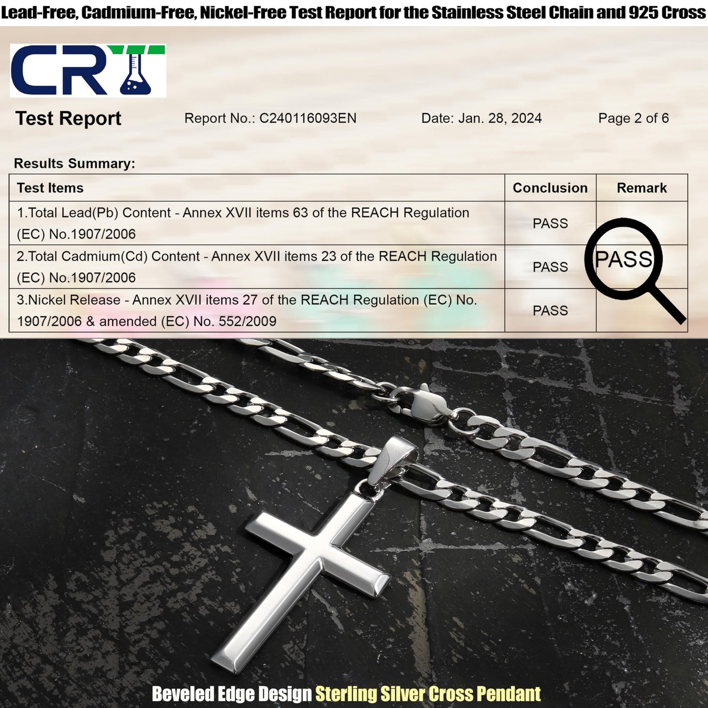 MILACOLATO 925 Sterling Silver Cross Necklace for Men Women, 5mm Durable Stainless Steel Figaro Chain with Big Beveled Edge Ster