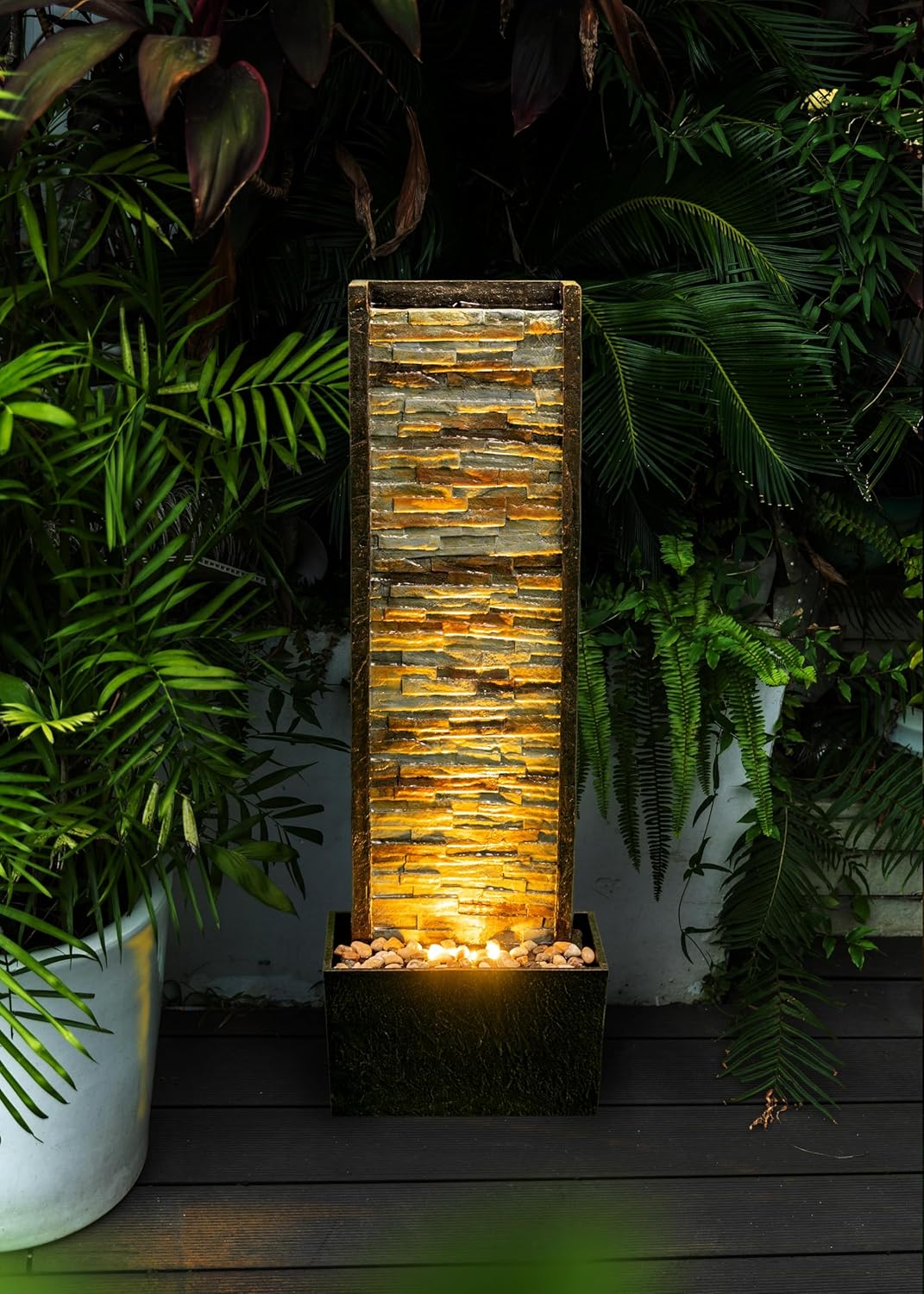 Cheng Pin Indoor Water Fountain -Staggered Stone Design,Create a Relaxing Ambiance and Decor Your Living Room,Office,Bedroom Or Outdoor Garden with Waterfall Water Feature and LED Lights,38in. Tall
