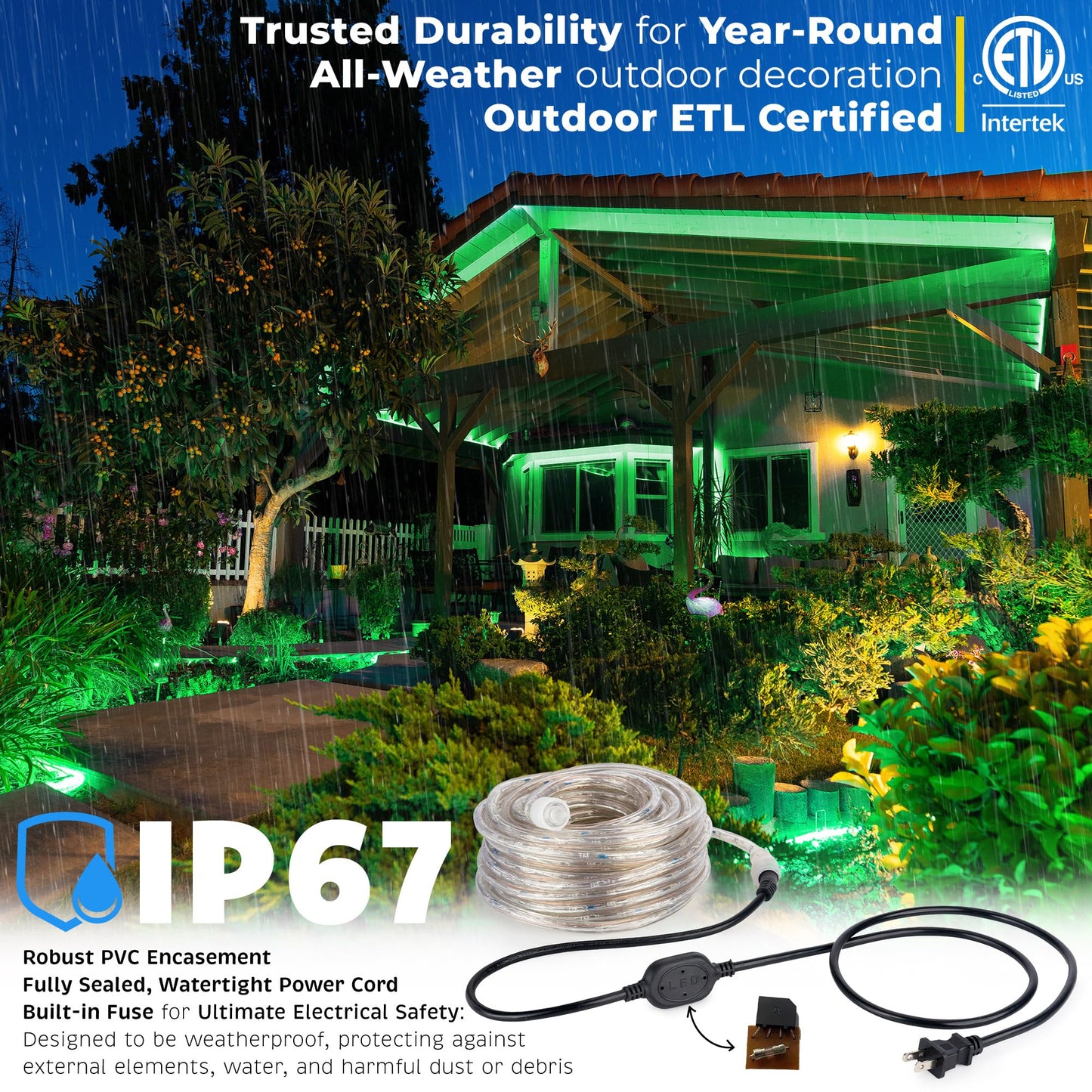 WYZworks LED Rope Lights, 20ft Waterproof Outdoor - Green, Flexible PVC, ETL Certified, Model AM-LEDROPE-GRN-20