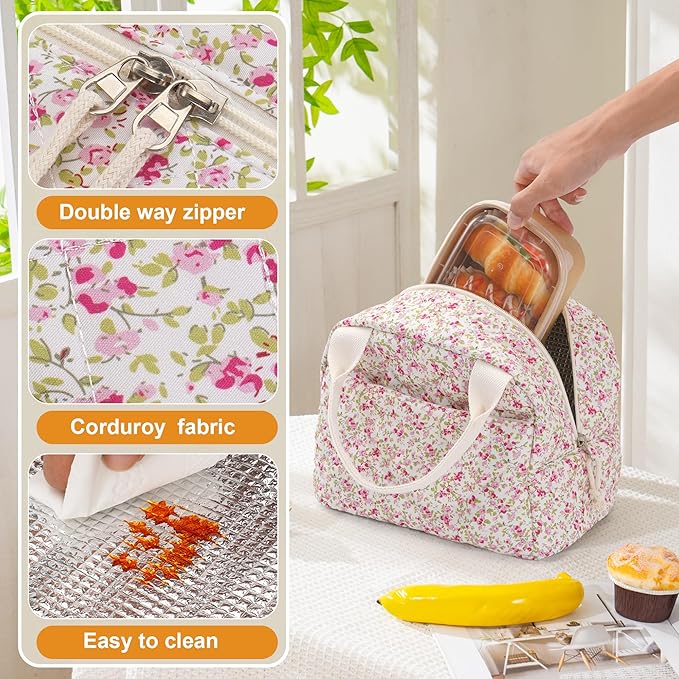 Lunch Bag for Women Insulated Lunch Box Reusable Cooler Bag Portable Cute Floral Quilted Cotton Bag Leakproof Tote Bags for Travel, Work, and Picnic, Spring Meadow