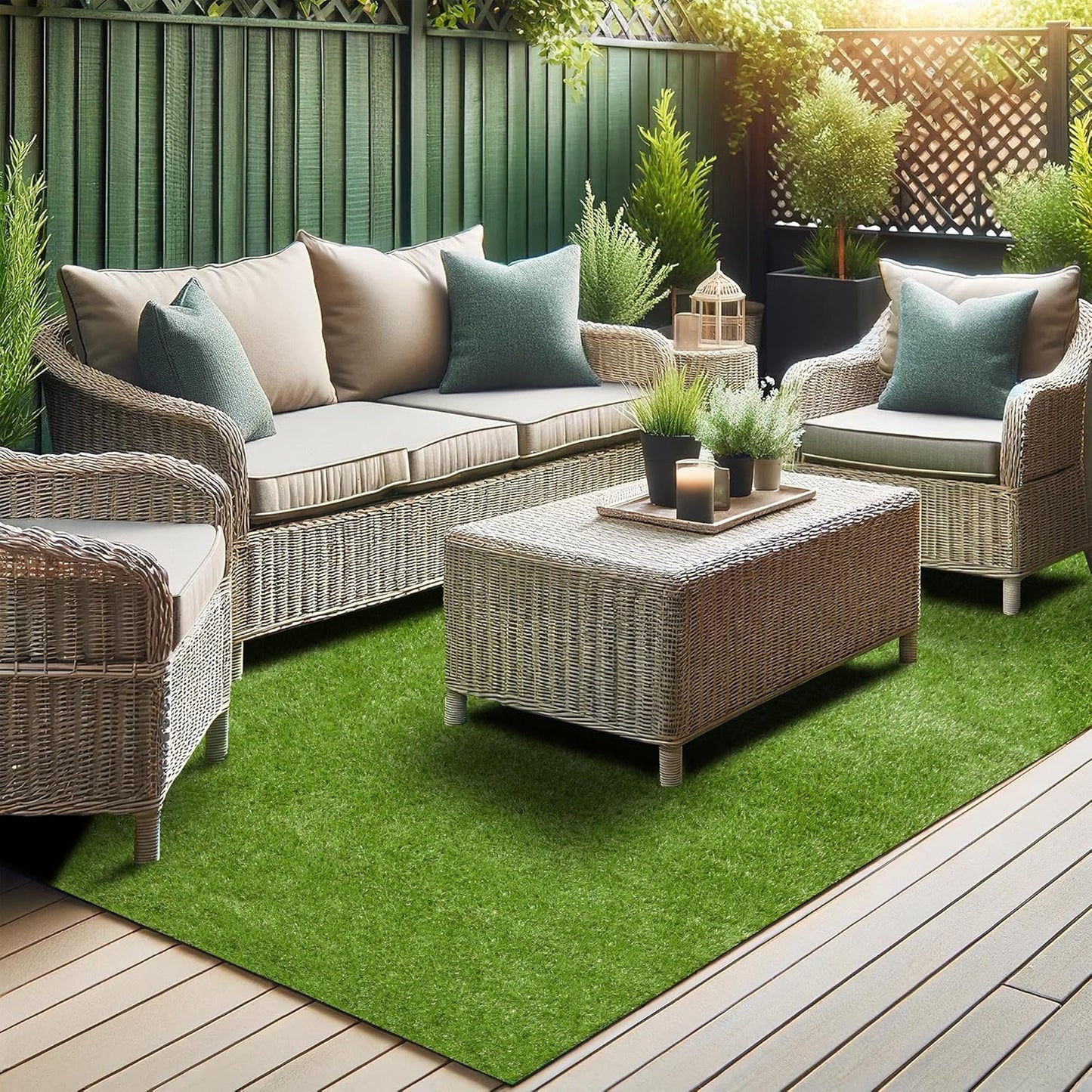 Ottomanson 6'6" x 22' Artificial Faux Grass Rug - Realistic Turf with UV Protection - Perforated for Easy Drainage - Durable, Hose-Off Synthetic Lawn Carpet for Indoor & Outdoor Use, Green