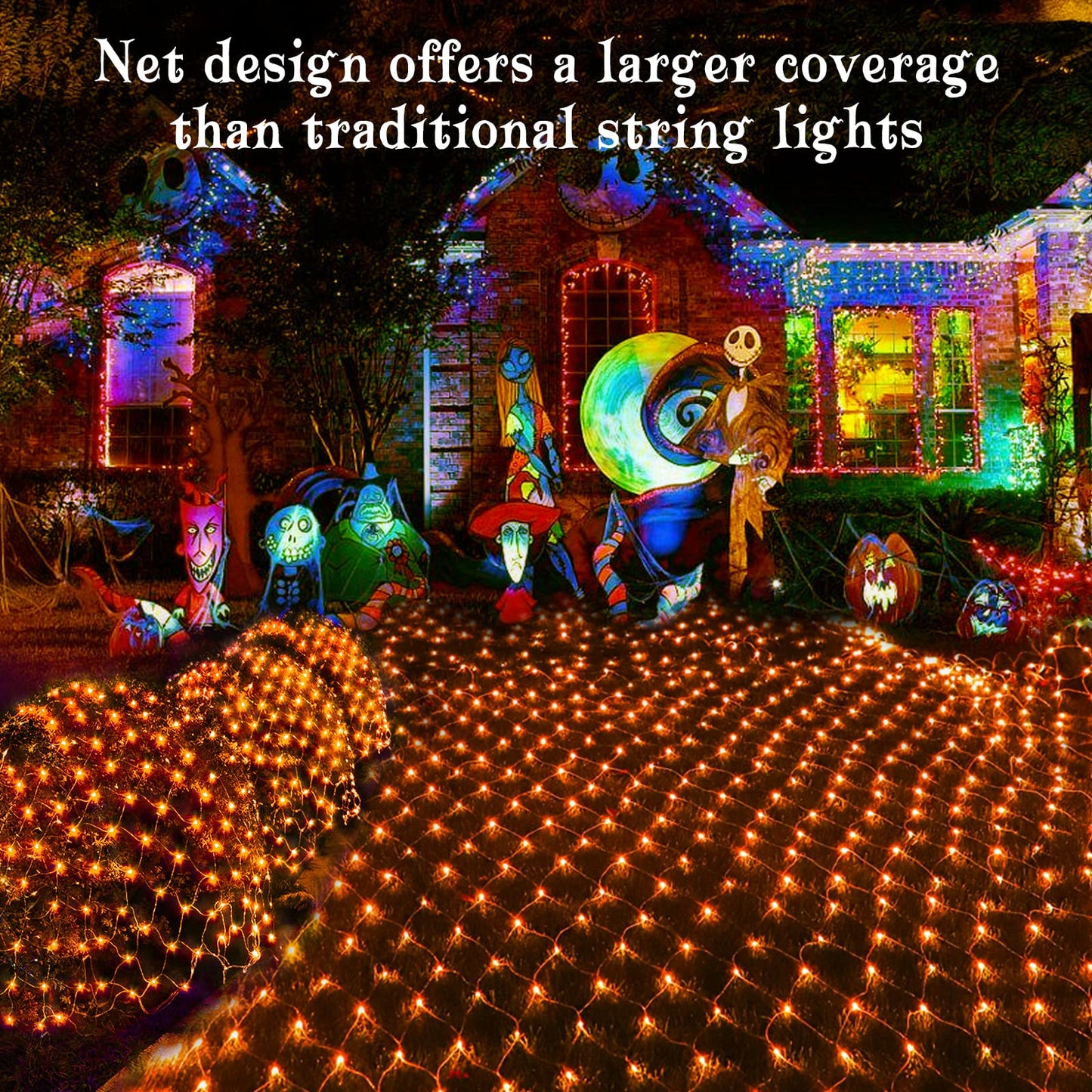 BlcTec Halloween Net Lights 360 LED 9.8ft x 6.6ft, Orange, 8 Modes, Waterproof, Dark Green Wire