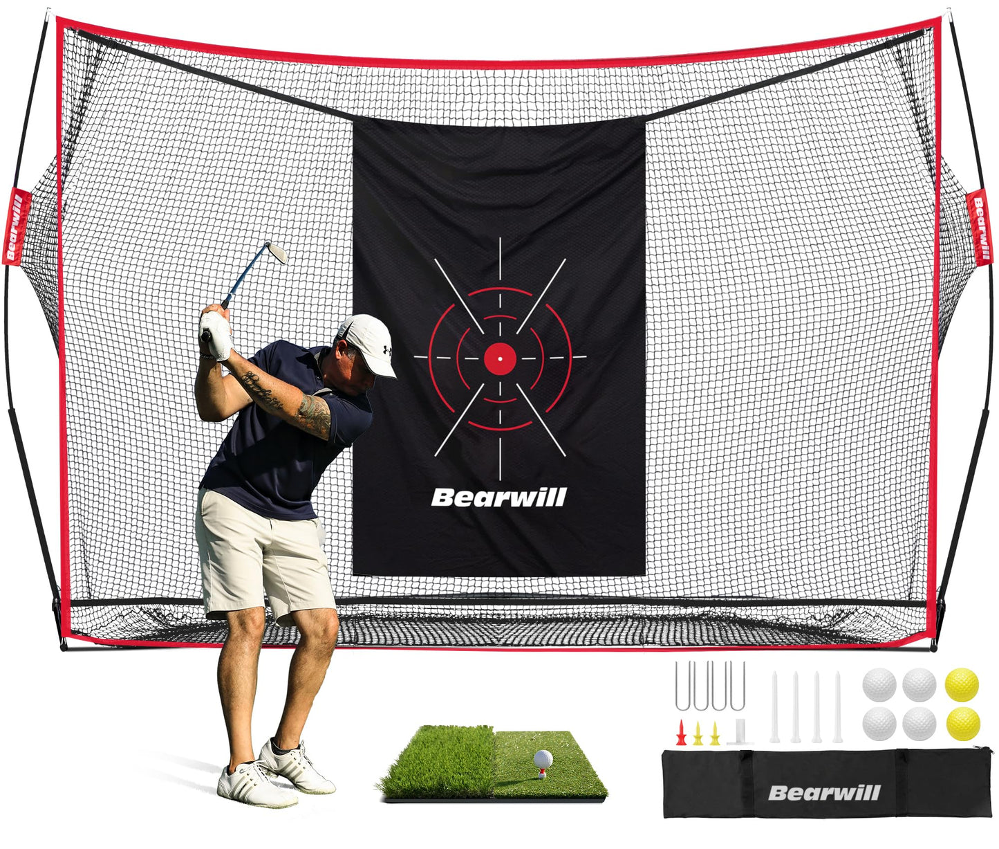 Bearwill Golf Net, 10x7ft Heavy Duty Golf Practice Nets with Mat, Target Cloth, 8 Tees, 6 Balls, Carry Bag for Backyard Driving Chipping Indoor Outdoor Training