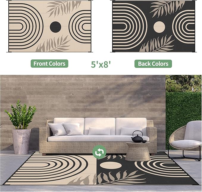 GENIMO Outdoor Rug 5' x 8' Waterproof for Patio Clearance, Reversible Plastic Straw Camping Carpet, Lightweight Rugs Mats for Rv, Backyard, Deck, Porch, Picnic, Balcony, Mix-Black & Brown